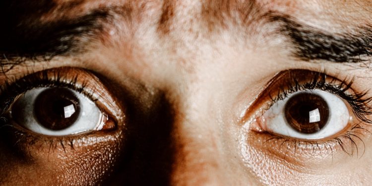 extreme close up photo of frightened eyes