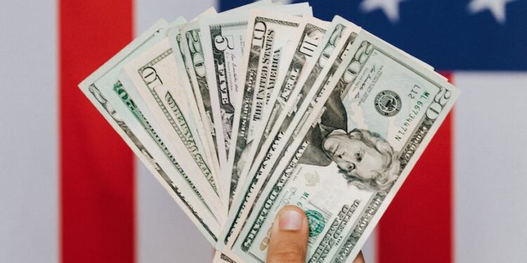 crop person demonstrating dollars against american flag