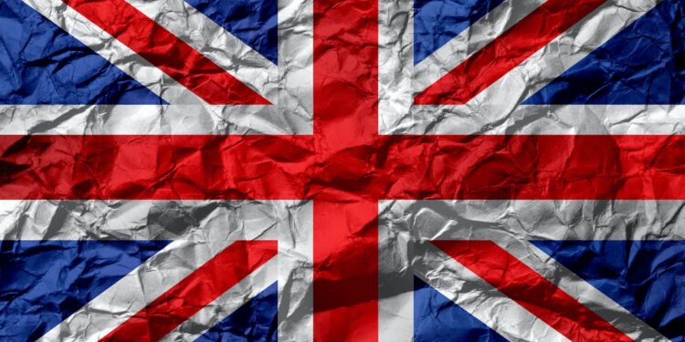 uk flag on creased paper